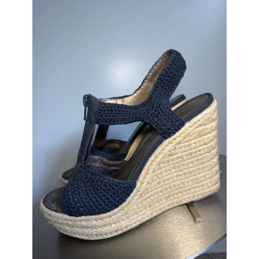 Moda Spana Navy Blue Crochet Espadrille Wedge Sandals T-Strap Zip‎ 6.5M